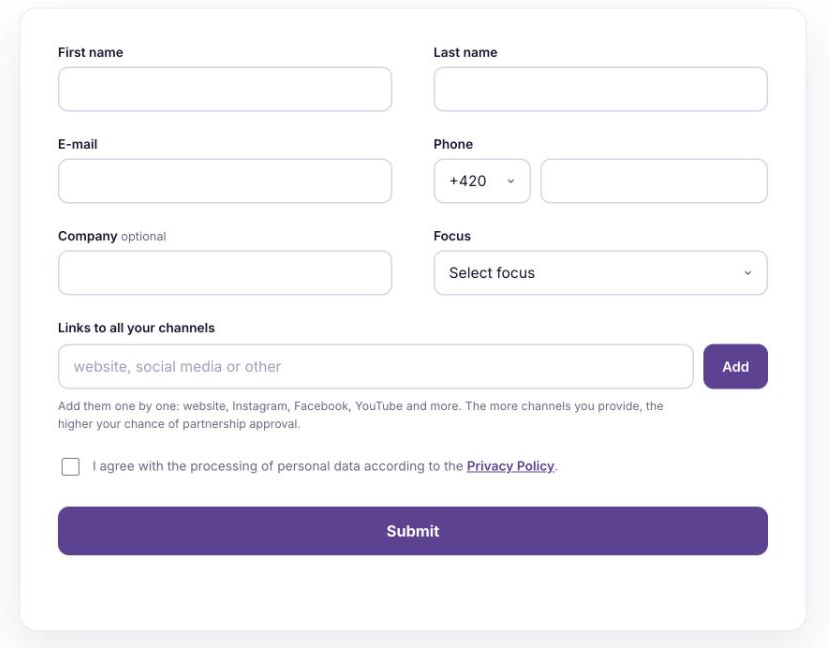 Affiliate partner registration form